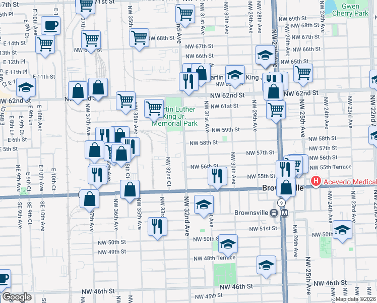 map of restaurants, bars, coffee shops, grocery stores, and more near 3166 Northwest 58th Street in Miami