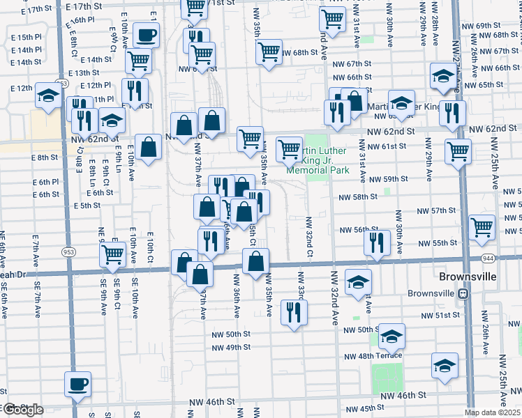 map of restaurants, bars, coffee shops, grocery stores, and more near 5720 Northwest 35th Avenue in Miami