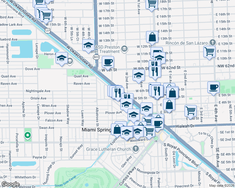 map of restaurants, bars, coffee shops, grocery stores, and more near 465 Swallow Drive in Miami Springs