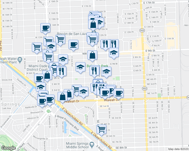 map of restaurants, bars, coffee shops, grocery stores, and more near 383 East 5th Street in Hialeah