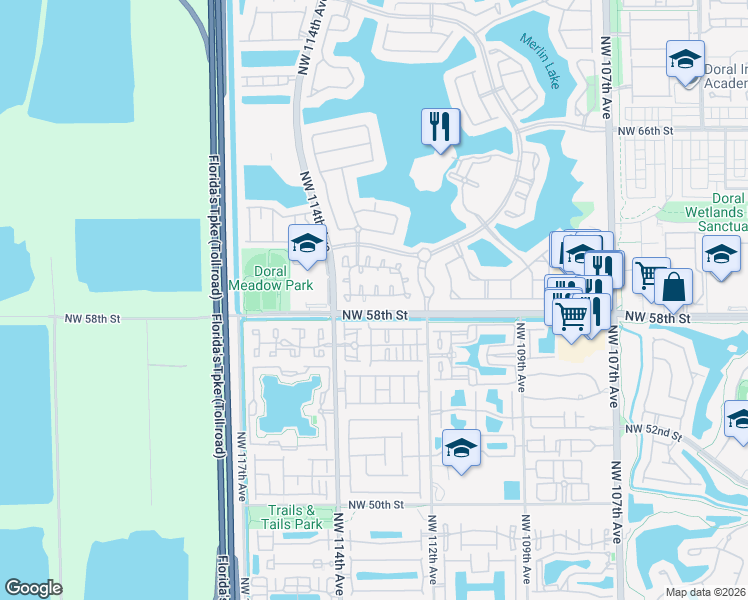 map of restaurants, bars, coffee shops, grocery stores, and more near 11303 Northwest 58th Terrace in Doral