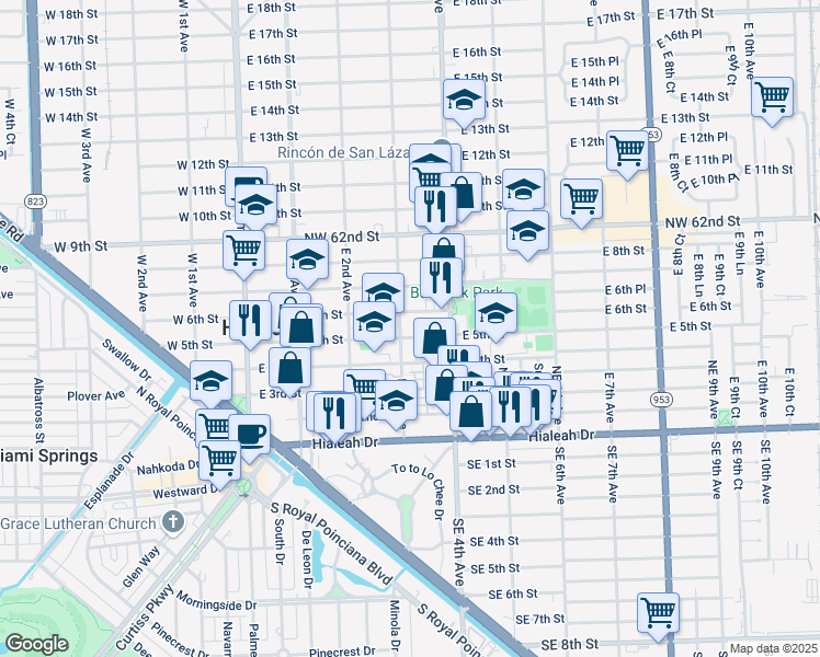 map of restaurants, bars, coffee shops, grocery stores, and more near 302 East 6th Street in Hialeah