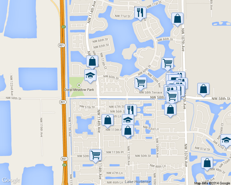 map of restaurants, bars, coffee shops, grocery stores, and more near 5857 Northwest 112th Court in Doral