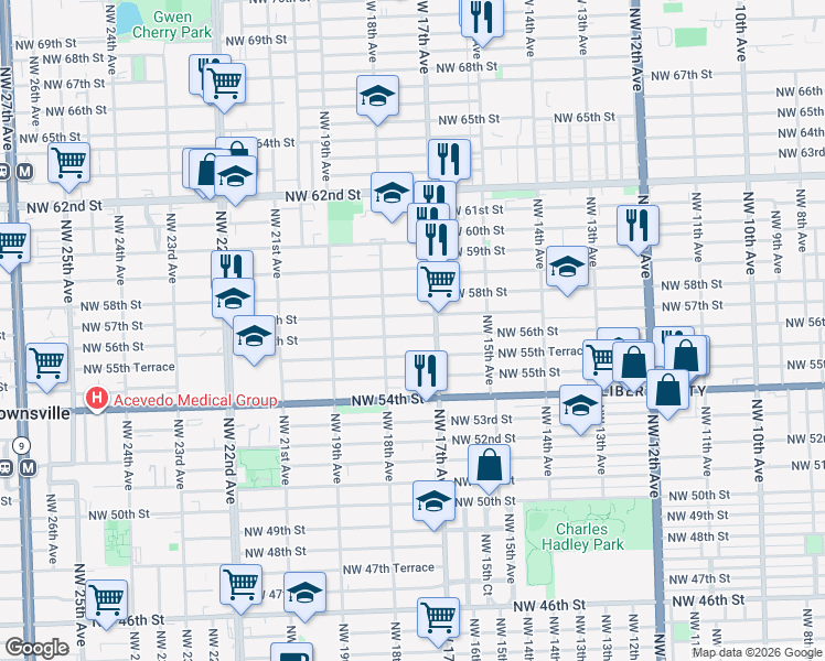 map of restaurants, bars, coffee shops, grocery stores, and more near 1745 Northwest 56th Street in Miami