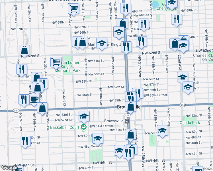 map of restaurants, bars, coffee shops, grocery stores, and more near 2951 Northwest 57th Street in Miami
