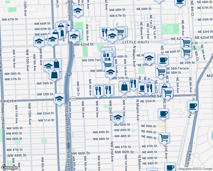 map of restaurants, bars, coffee shops, grocery stores, and more near 222 Northwest 56th Street in Miami