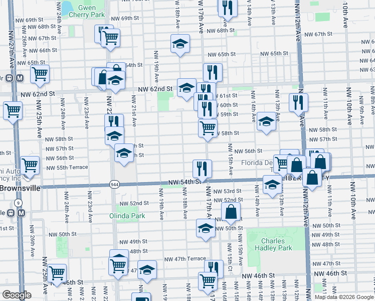 map of restaurants, bars, coffee shops, grocery stores, and more near 1758 Northwest 57th Street in Miami