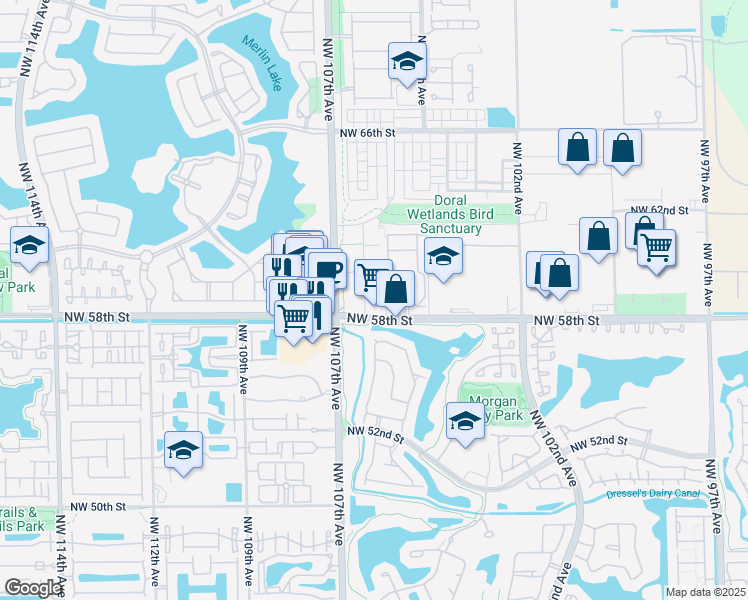 map of restaurants, bars, coffee shops, grocery stores, and more near 5955 Northwest 107th Avenue in Doral