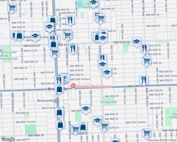 map of restaurants, bars, coffee shops, grocery stores, and more near 5690 Northwest 23rd Avenue in Miami