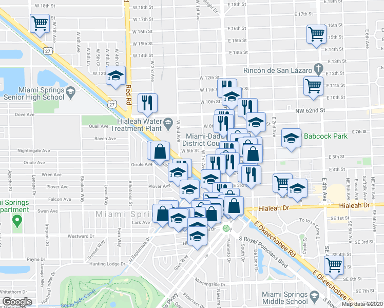 map of restaurants, bars, coffee shops, grocery stores, and more near 140 West 6th Street in Hialeah