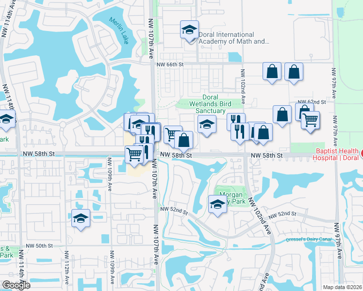 map of restaurants, bars, coffee shops, grocery stores, and more near 5905 Northwest 104th Path in Medley