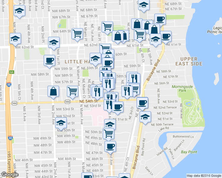 map of restaurants, bars, coffee shops, grocery stores, and more near 5545 Northeast 2nd Avenue in Miami