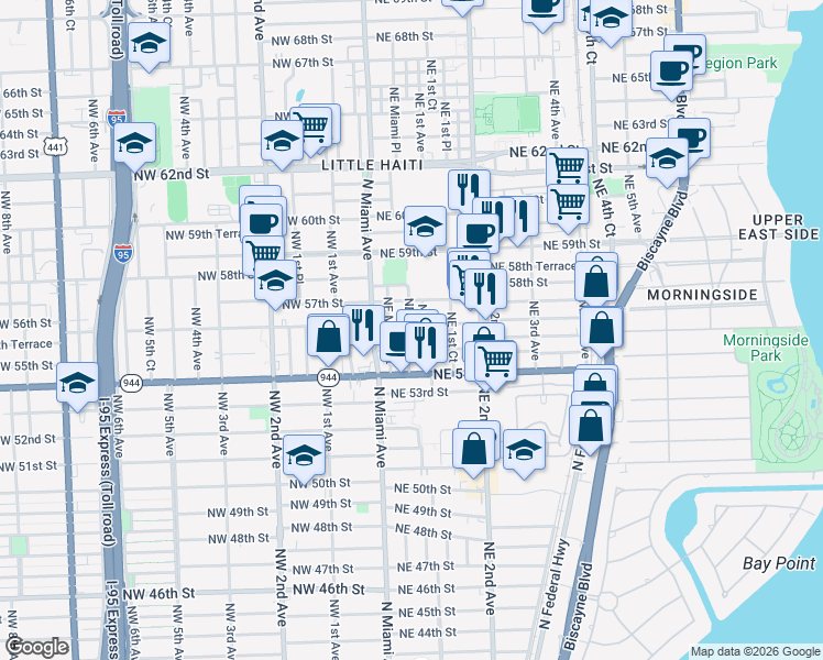 map of restaurants, bars, coffee shops, grocery stores, and more near 5540 Northeast 1st Avenue in Miami