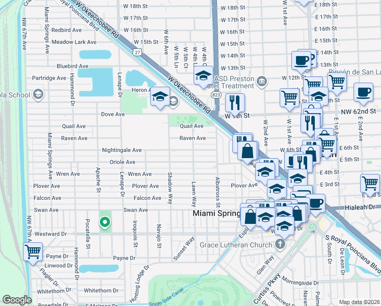 map of restaurants, bars, coffee shops, grocery stores, and more near 600 Nightingale Avenue in Miami Springs