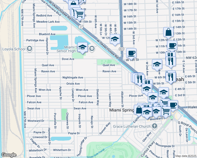 map of restaurants, bars, coffee shops, grocery stores, and more near 670 Nightingale Avenue in Miami Springs