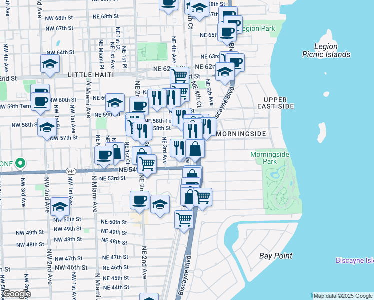 map of restaurants, bars, coffee shops, grocery stores, and more near 5084 Biscayne Boulevard in Miami