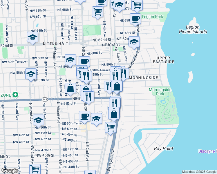 map of restaurants, bars, coffee shops, grocery stores, and more near 369 Northeast 55th Terrace in Miami