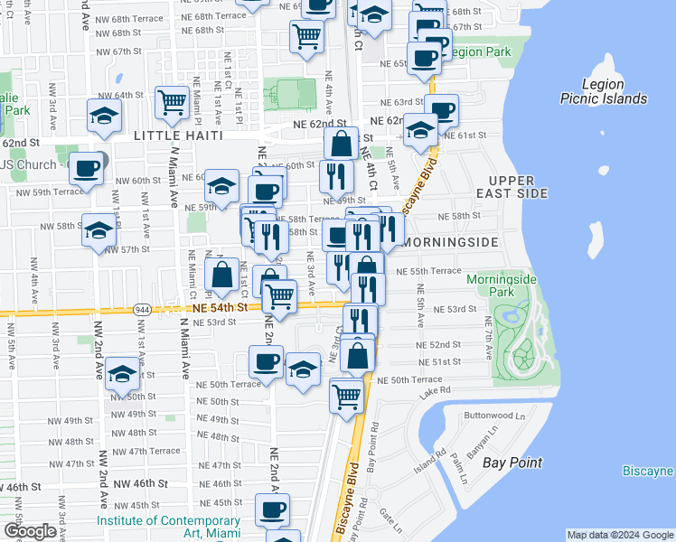 map of restaurants, bars, coffee shops, grocery stores, and more near 369 Northeast 55th Terrace in Miami