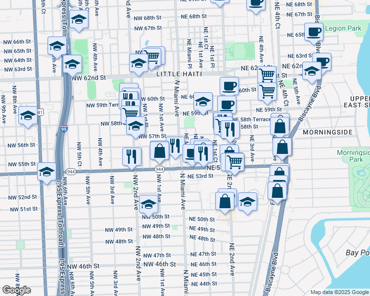 map of restaurants, bars, coffee shops, grocery stores, and more near 2 Northeast 56th Street in Miami