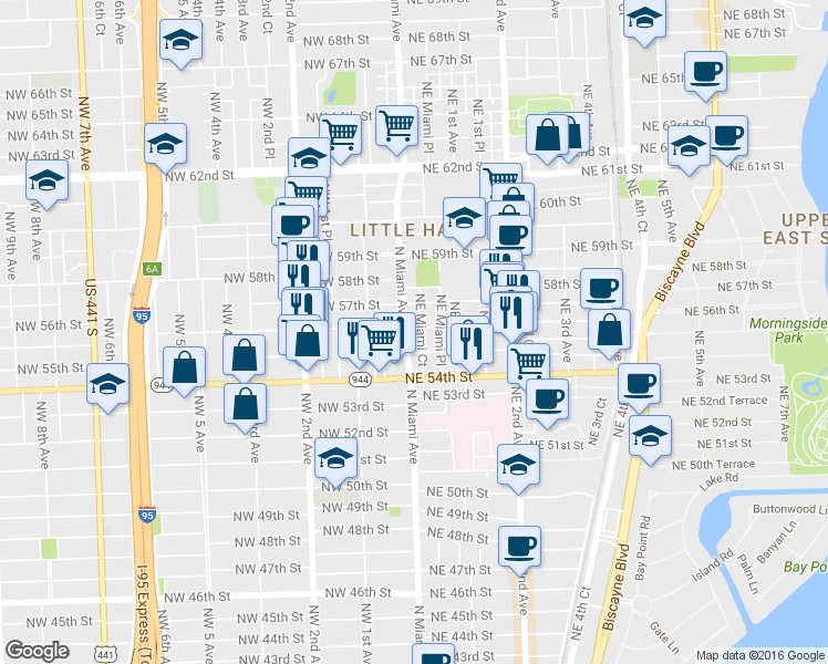 map of restaurants, bars, coffee shops, grocery stores, and more near 2 Northeast 56th Street in Miami