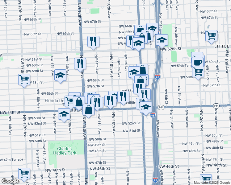 map of restaurants, bars, coffee shops, grocery stores, and more near 5600 Northwest 10th Avenue in Miami