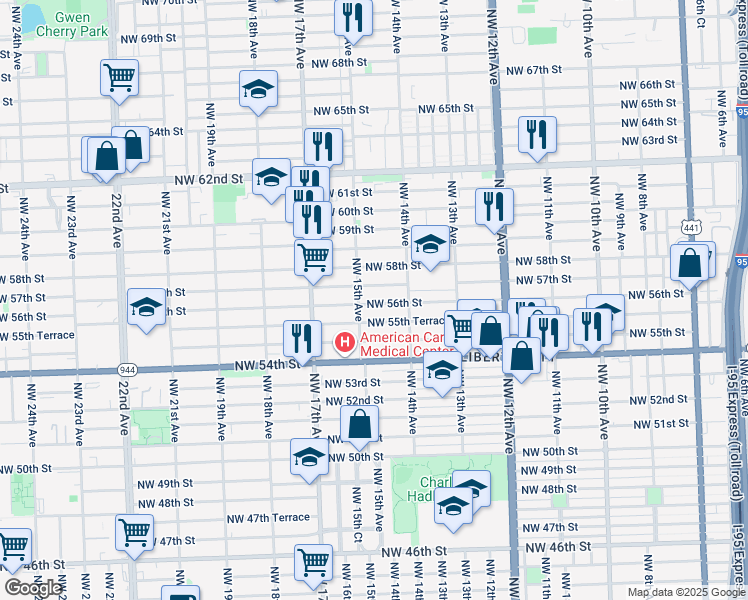map of restaurants, bars, coffee shops, grocery stores, and more near 1445 Northwest 56th Street in Miami