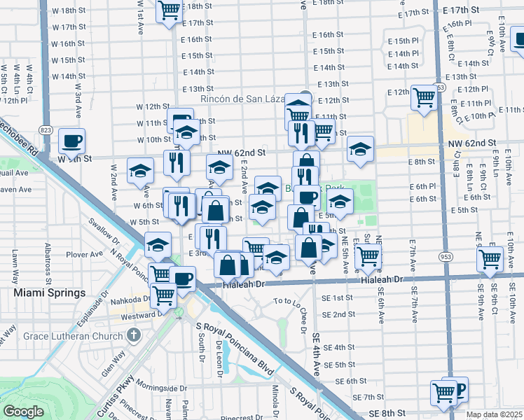 map of restaurants, bars, coffee shops, grocery stores, and more near 229 East 6th Street in Hialeah