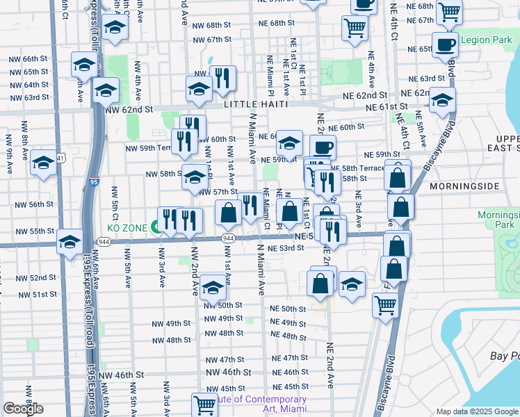 map of restaurants, bars, coffee shops, grocery stores, and more near 2 Northeast 56th Street in Miami
