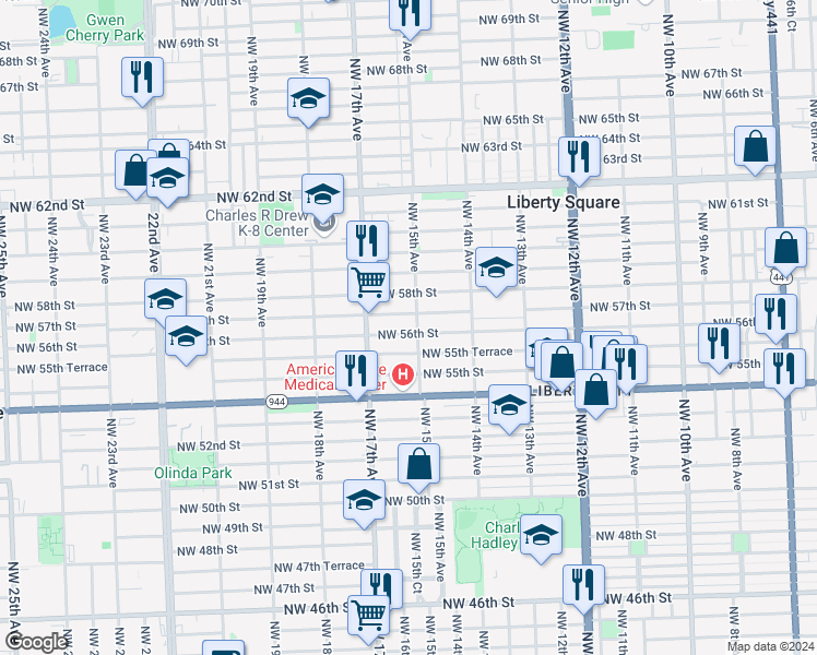 map of restaurants, bars, coffee shops, grocery stores, and more near 1521 Northwest 56th Street in Miami