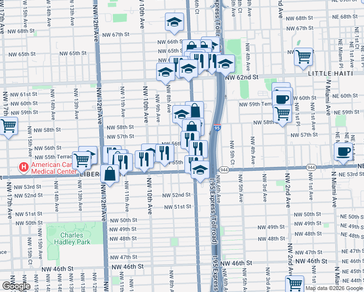 map of restaurants, bars, coffee shops, grocery stores, and more near 750 Northwest 56th Street in Miami