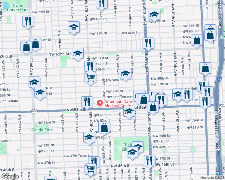 map of restaurants, bars, coffee shops, grocery stores, and more near 1445 Northwest 56th Street in Miami
