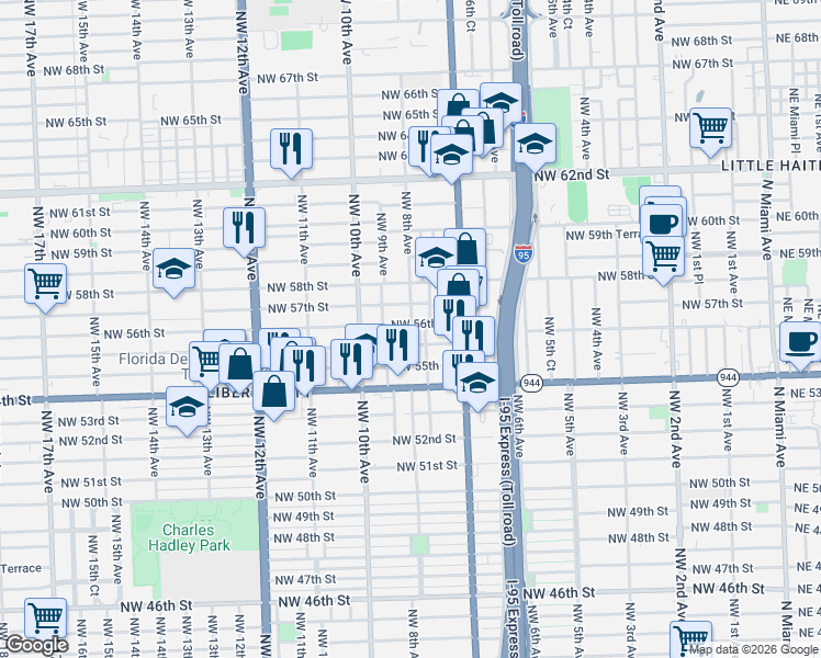 map of restaurants, bars, coffee shops, grocery stores, and more near 840 Northwest 56th Street in Miami