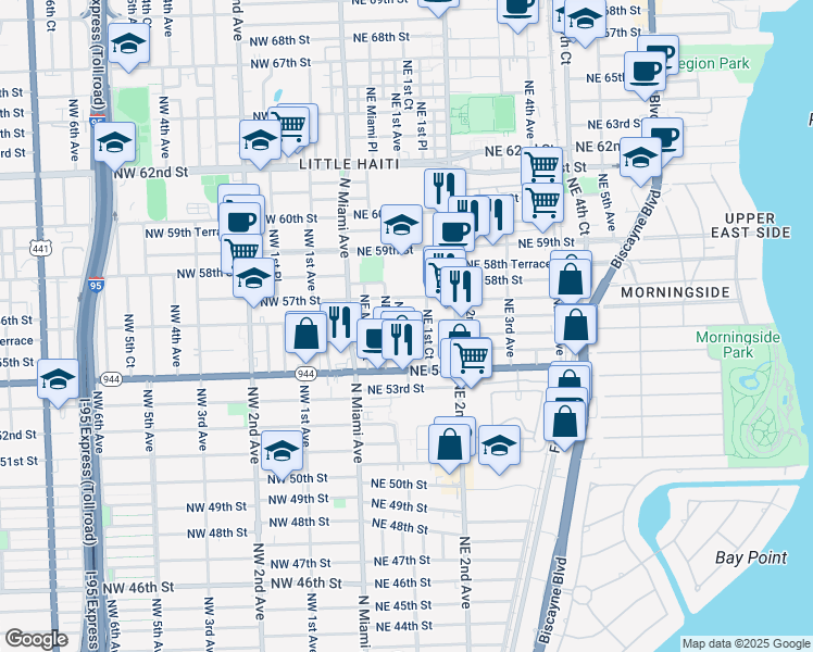 map of restaurants, bars, coffee shops, grocery stores, and more near 110 Northeast 56th Street in Miami