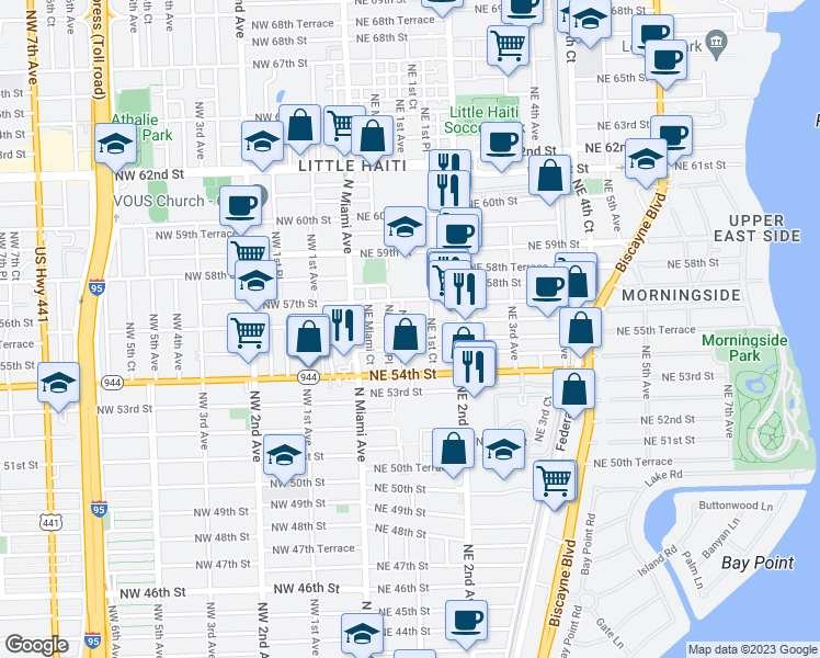 map of restaurants, bars, coffee shops, grocery stores, and more near 5540 Northeast 1st Avenue in Miami