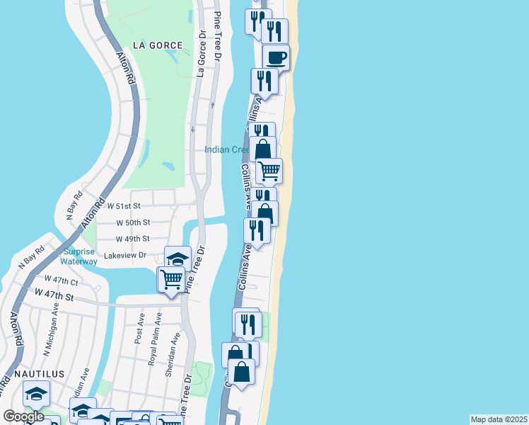 map of restaurants, bars, coffee shops, grocery stores, and more near 5025 Collins Avenue in Miami