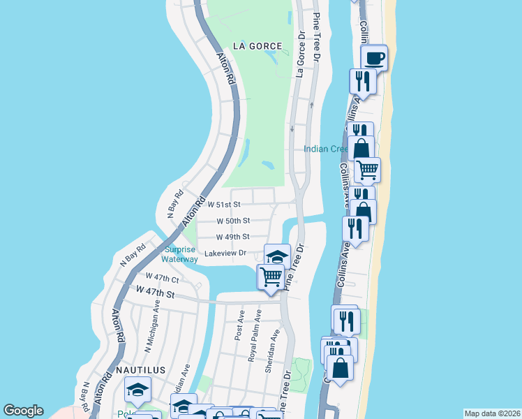map of restaurants, bars, coffee shops, grocery stores, and more near 528 West 51st Street in Miami Beach