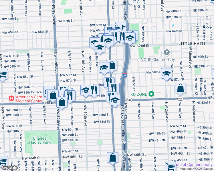 map of restaurants, bars, coffee shops, grocery stores, and more near 750 Northwest 56th Street in Miami