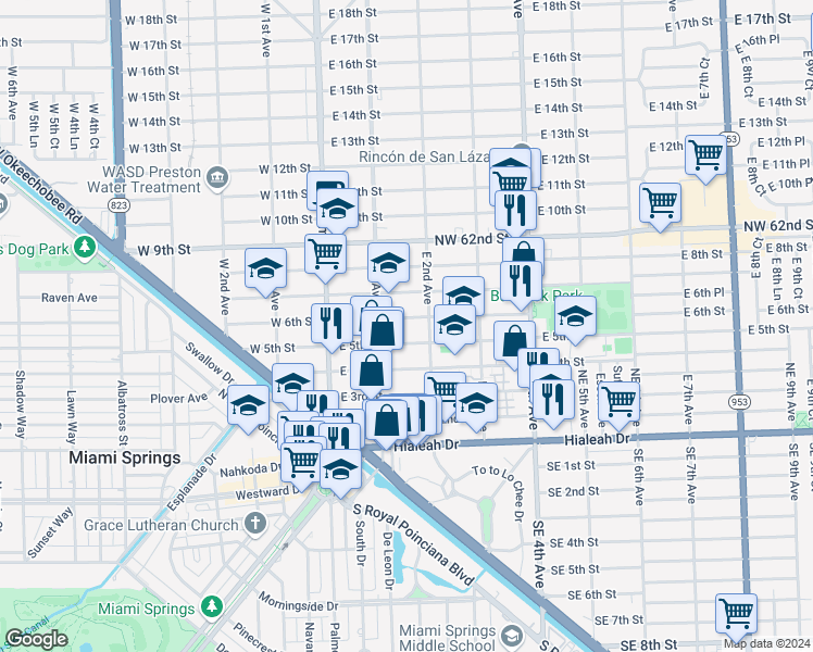 map of restaurants, bars, coffee shops, grocery stores, and more near 152 East 6th Street in Hialeah