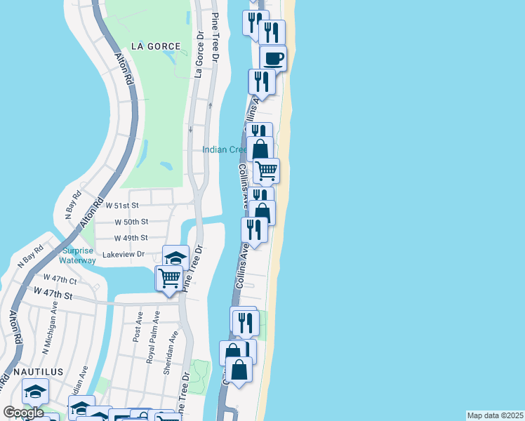 map of restaurants, bars, coffee shops, grocery stores, and more near 5025 Collins Avenue in Miami