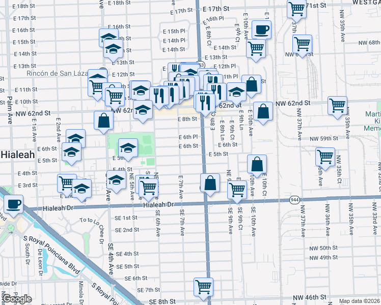 map of restaurants, bars, coffee shops, grocery stores, and more near 741 East 5th Street in Hialeah