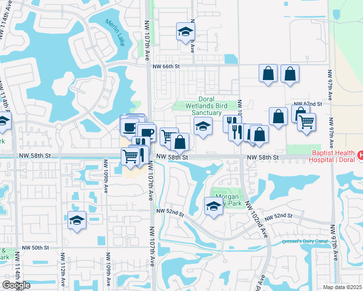 map of restaurants, bars, coffee shops, grocery stores, and more near 5905 Northwest 104th Path in Medley