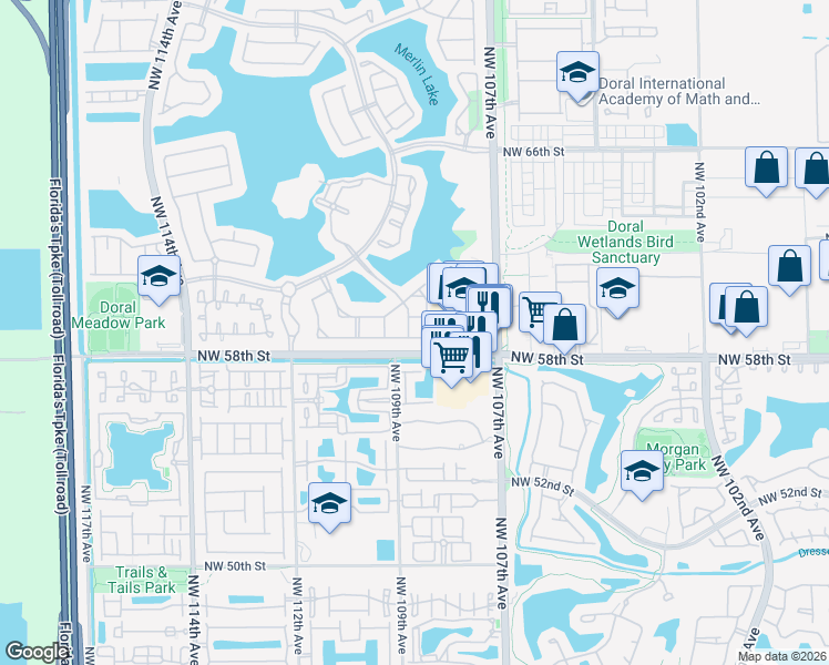 map of restaurants, bars, coffee shops, grocery stores, and more near 10885 Northwest 58th Terrace in Doral