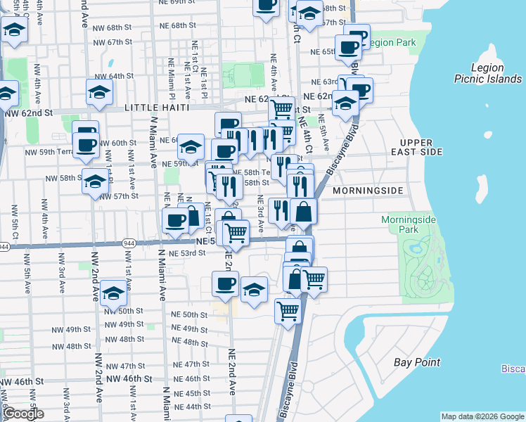 map of restaurants, bars, coffee shops, grocery stores, and more near 282 Northeast 56th Street in Miami