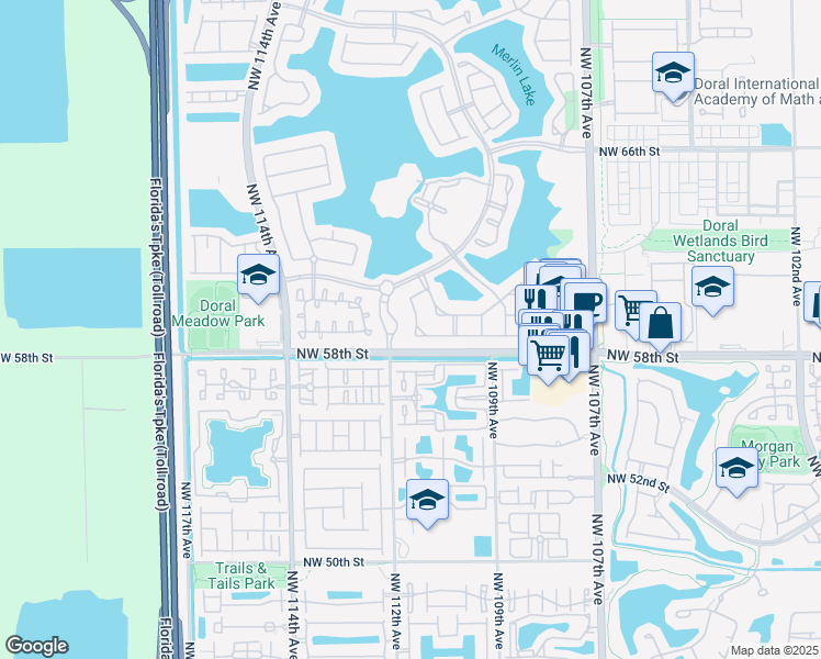 map of restaurants, bars, coffee shops, grocery stores, and more near 5850 Northwest 111th Avenue in Doral