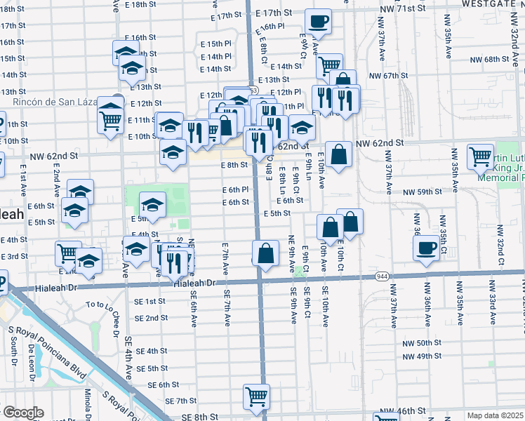 map of restaurants, bars, coffee shops, grocery stores, and more near 505 East 8th Avenue in Hialeah