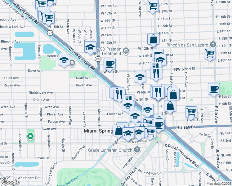 map of restaurants, bars, coffee shops, grocery stores, and more near 465 Swallow Drive in Miami Springs