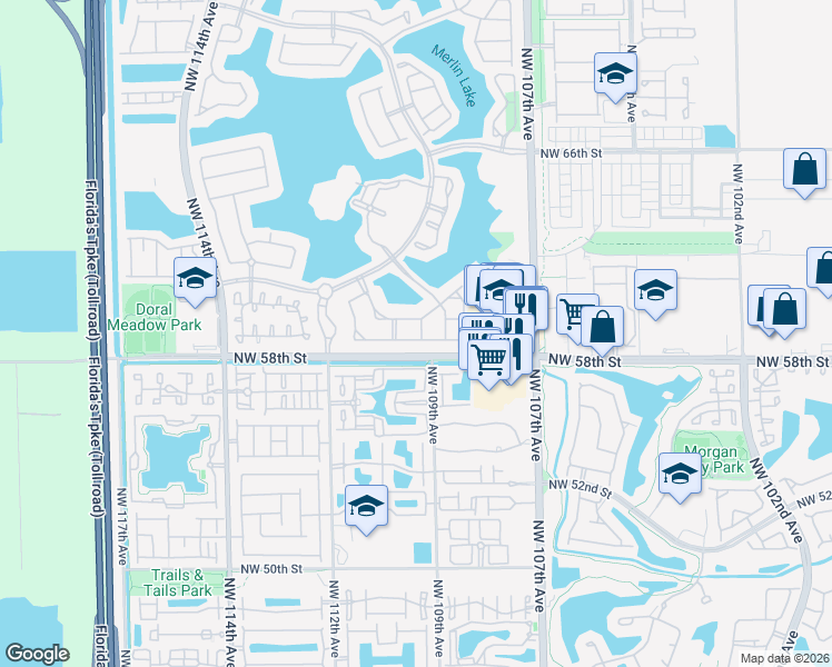 map of restaurants, bars, coffee shops, grocery stores, and more near 10933 Northwest 58th Terrace in Doral