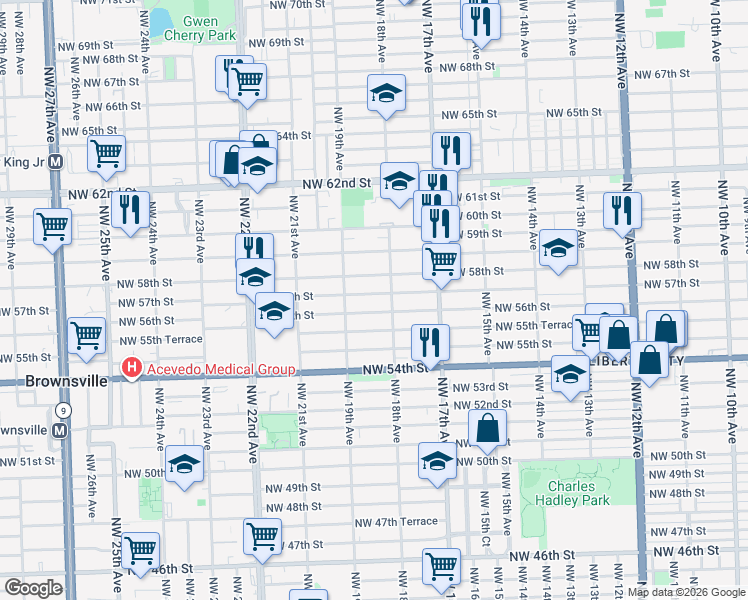 map of restaurants, bars, coffee shops, grocery stores, and more near 1838 Northwest 57th Street in Miami