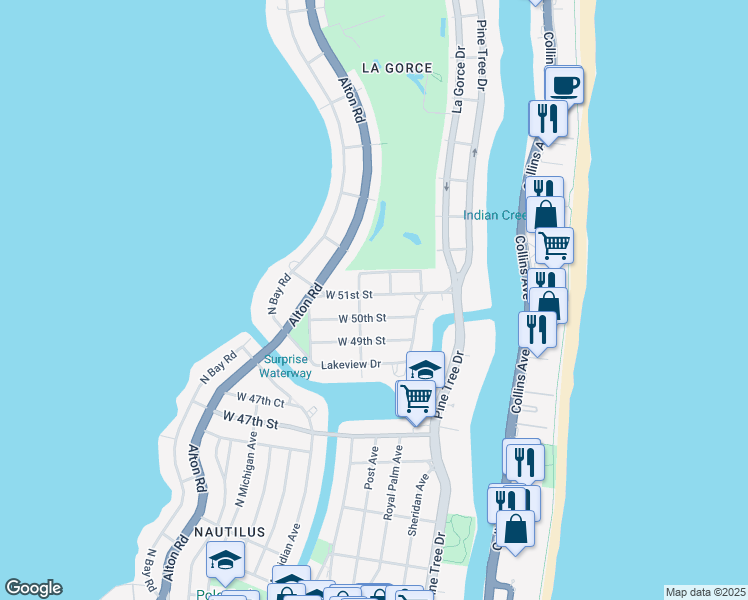 map of restaurants, bars, coffee shops, grocery stores, and more near 630 West 51st Street in Miami Beach