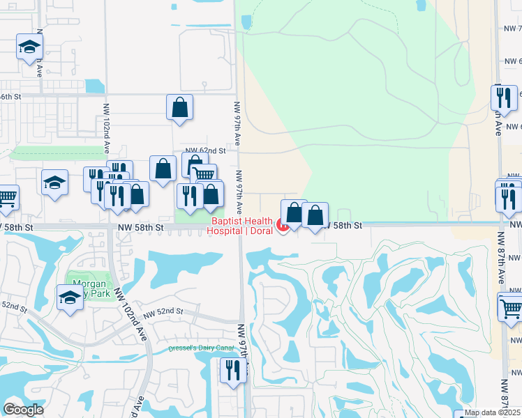 map of restaurants, bars, coffee shops, grocery stores, and more near 9601 Northwest 58th Street in Miami